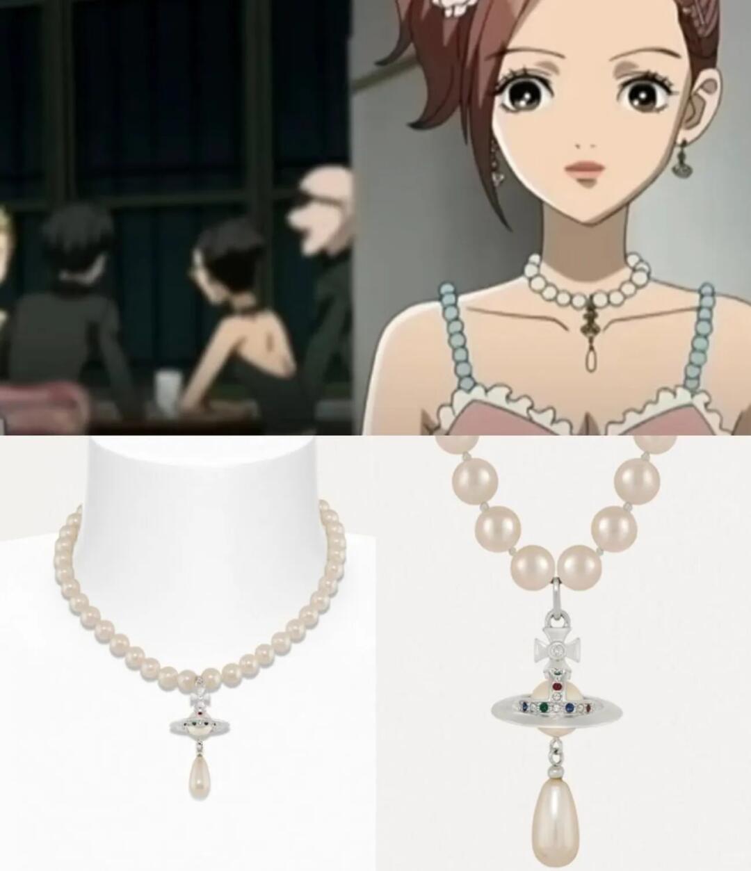 Hachi wearing a single pearl choker beside two views of the One Row Pearl Drop Choker