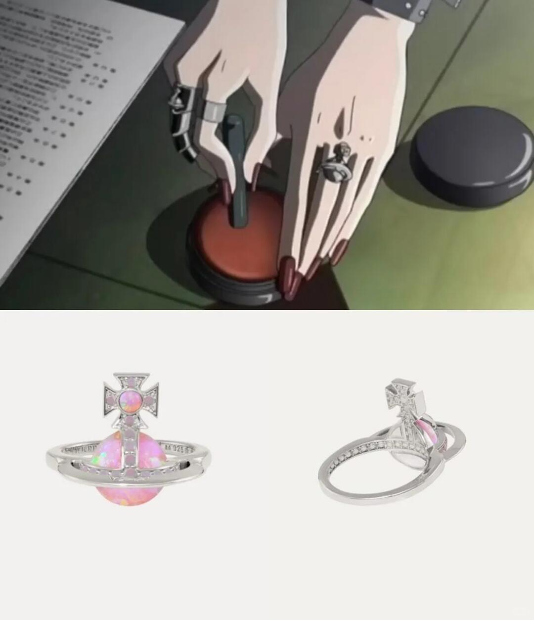 A NANA character wearing rings beside front and side views of a pink Orb ring identified as the Franca Ring