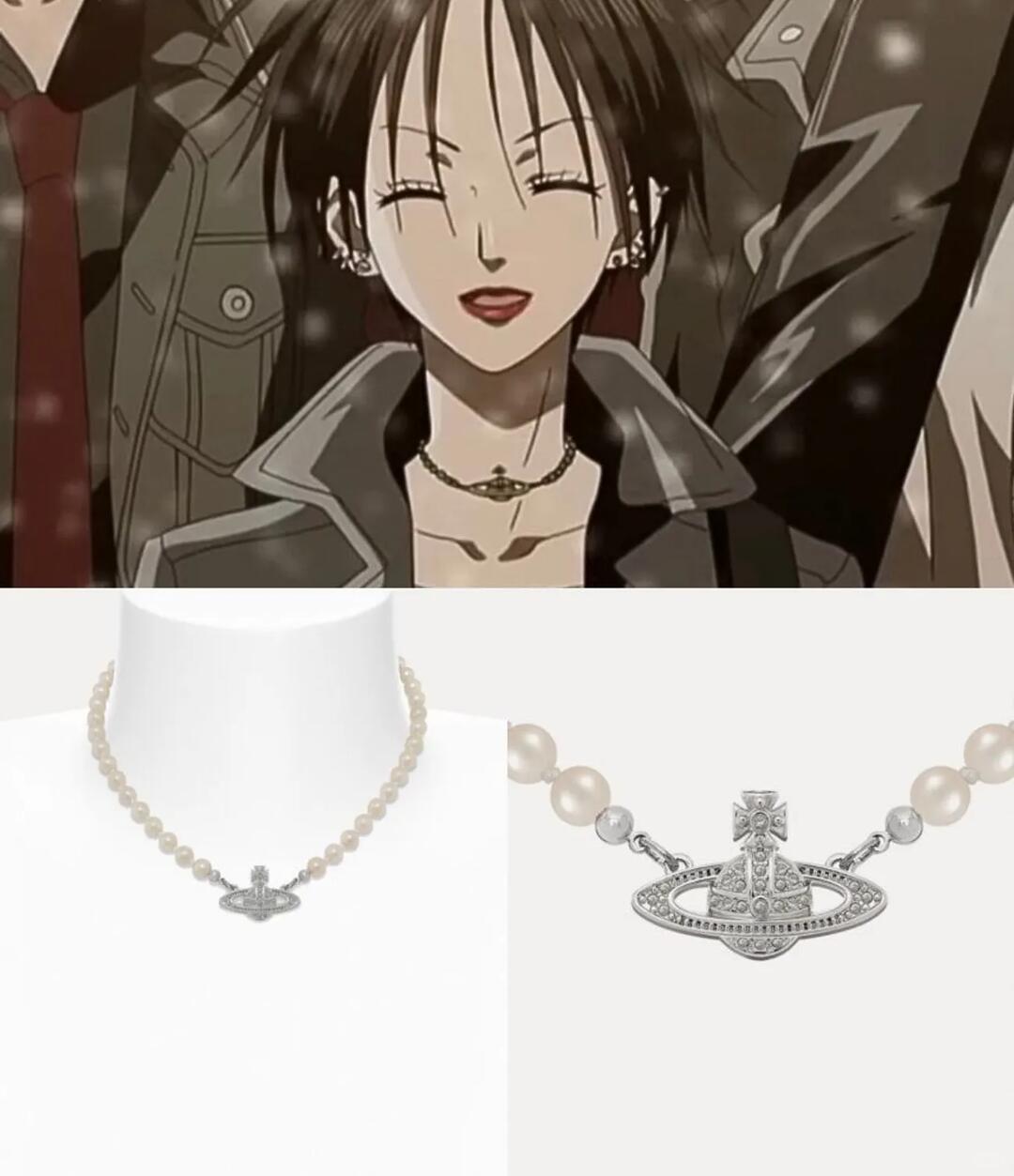 A NANA character wearing a small Orb pearl choker beside two close views of the Mini Bas Relief Pearl Choker