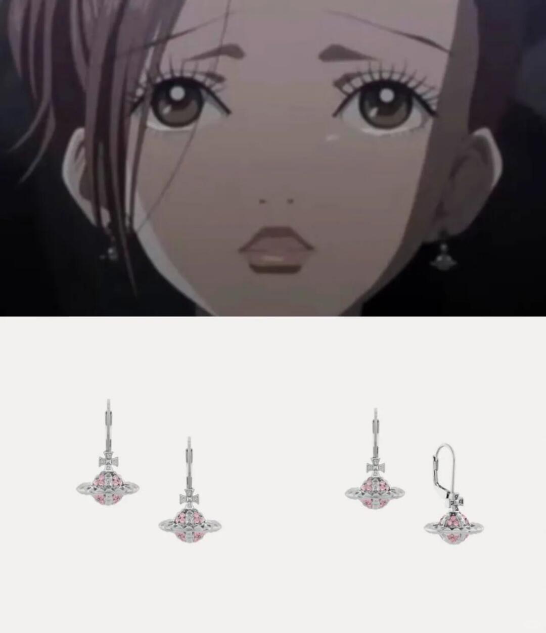 A NANA character wearing Orb earrings beside two product views of Mayfair Small Orb Earrings