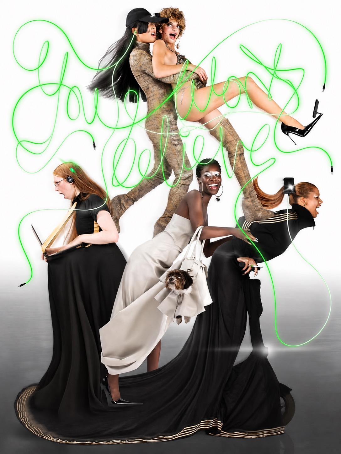 A Monamobile editorial collage with green cable-like graphics and modular wearable objects.