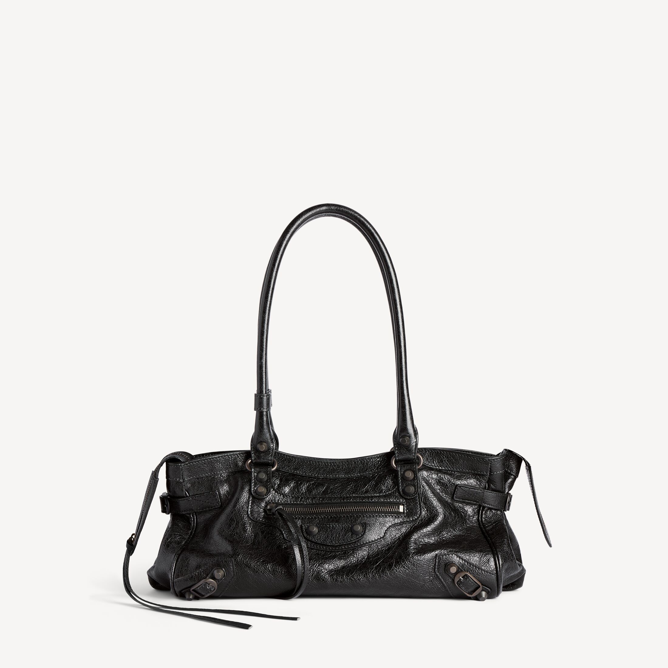 A black Balenciaga Le City East-West bag showing its long horizontal shape