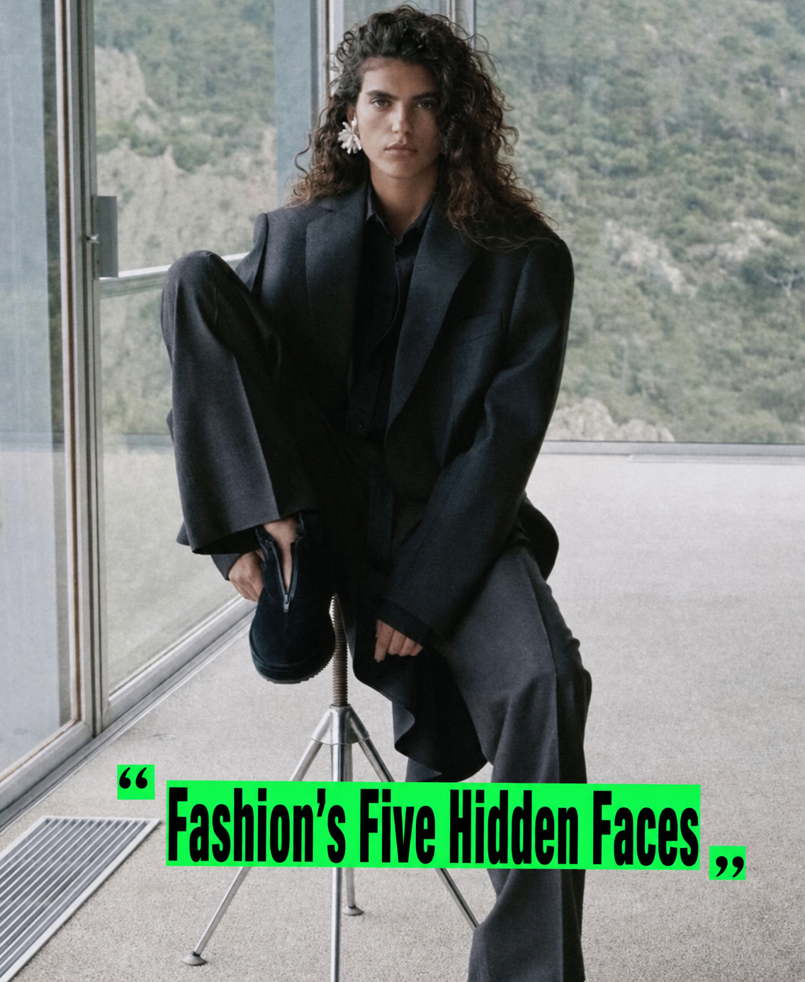 Fashion's five hidden faces cover with a black suited model and green text