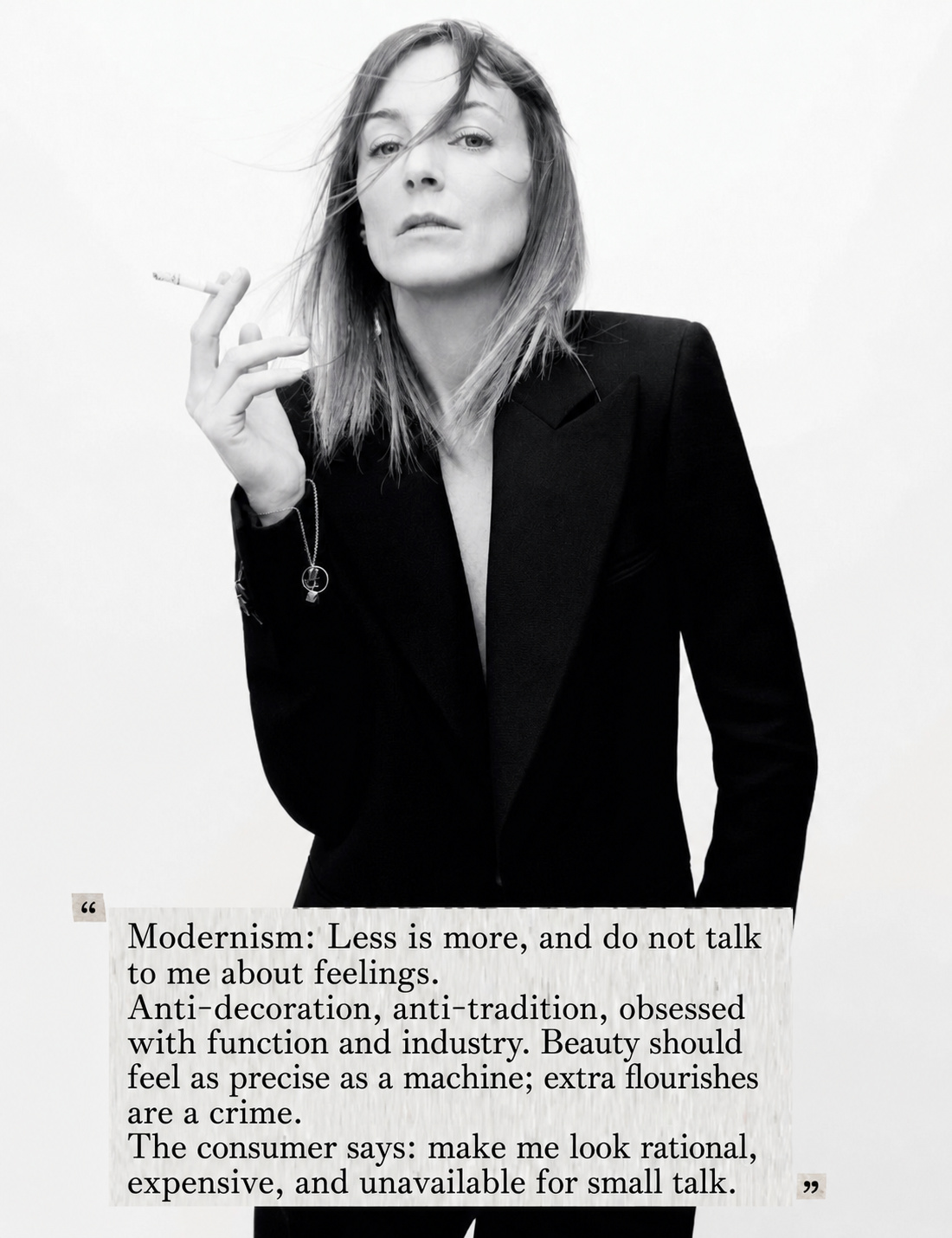 Modernism fashion note with black blazer and monochrome editorial styling