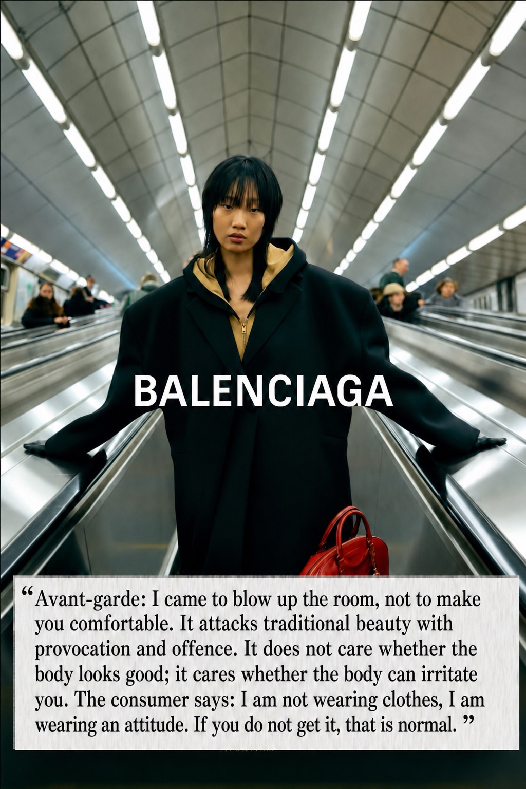 Avant garde fashion with Balenciaga-style oversized black coat and subway escalator setting