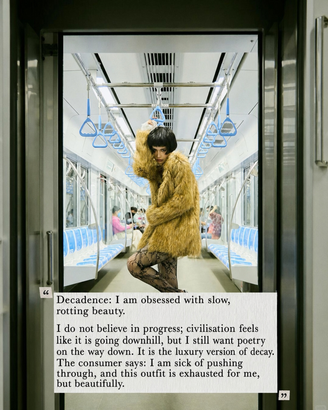 Decadent fashion note with fur styling inside a subway carriage