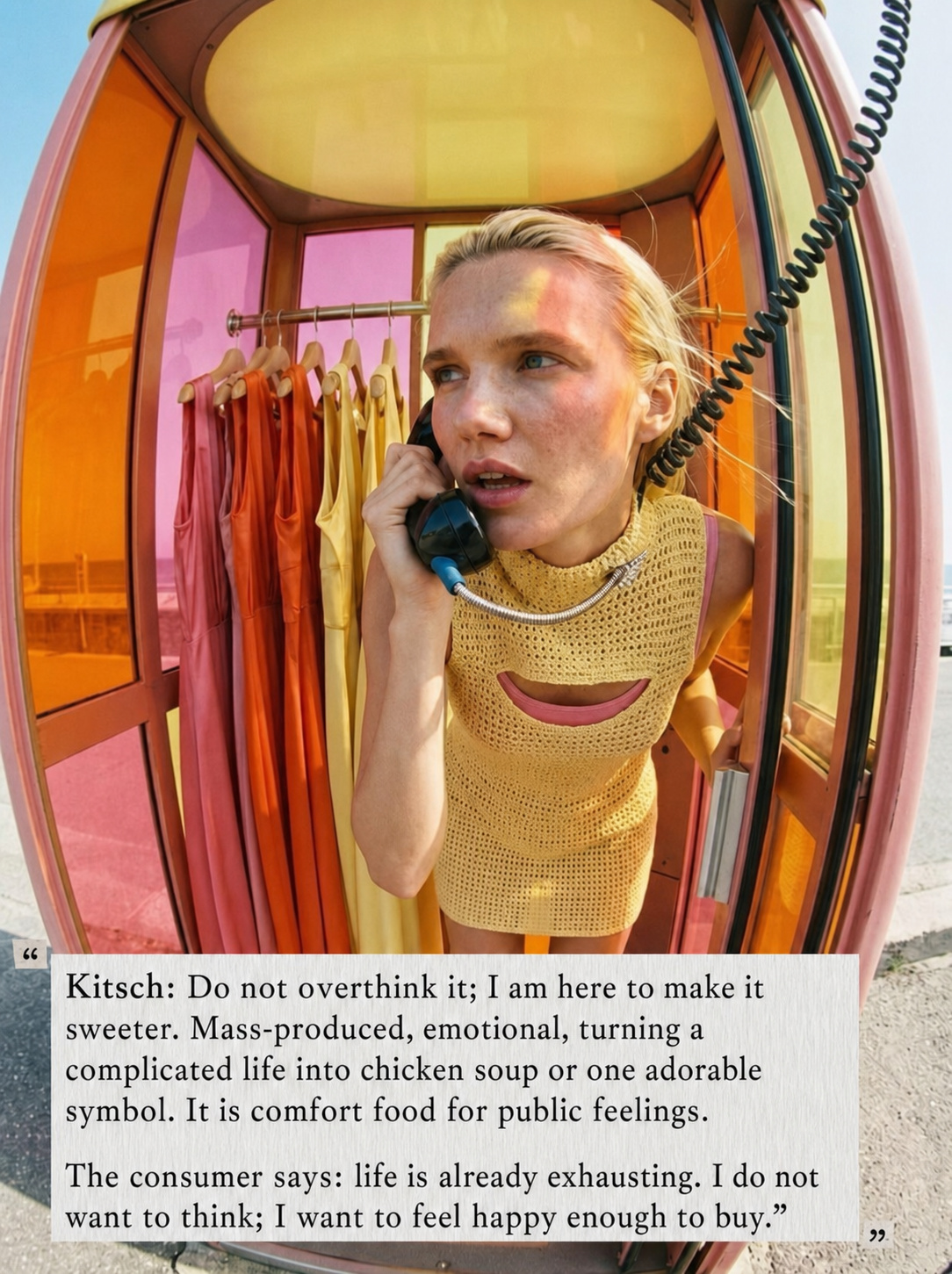 Kitsch fashion note with bright colour, phone-booth styling and yellow outfit