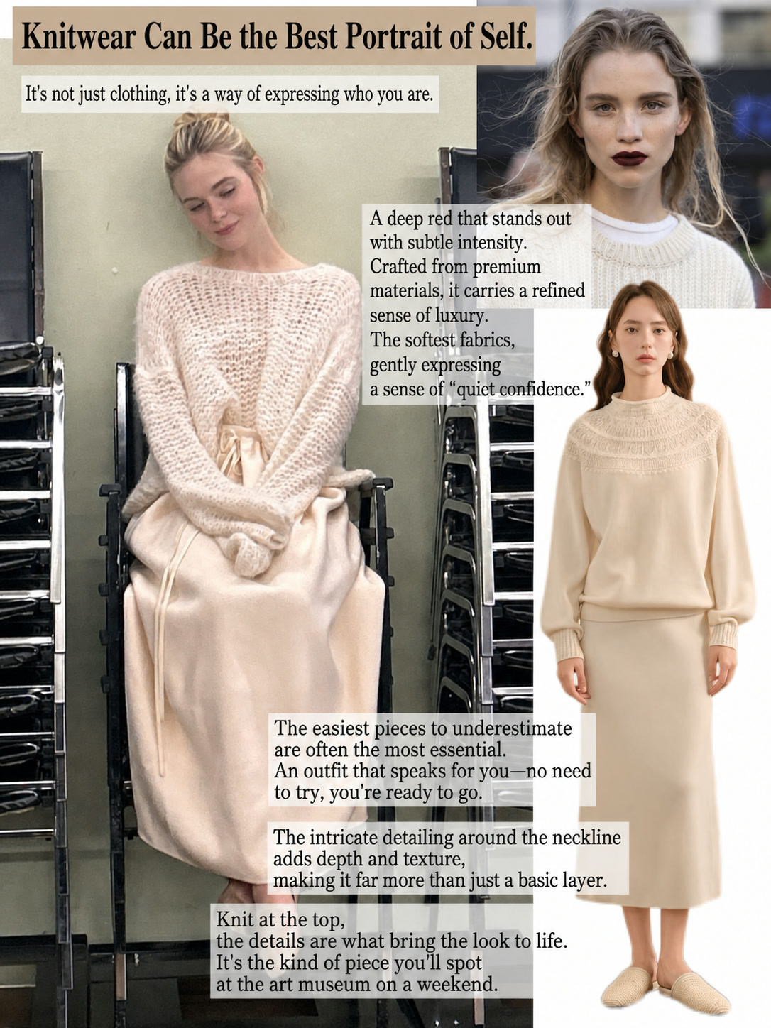 Oatmeal and stone neutrals used as a polished winter work outfit with tactile contrast