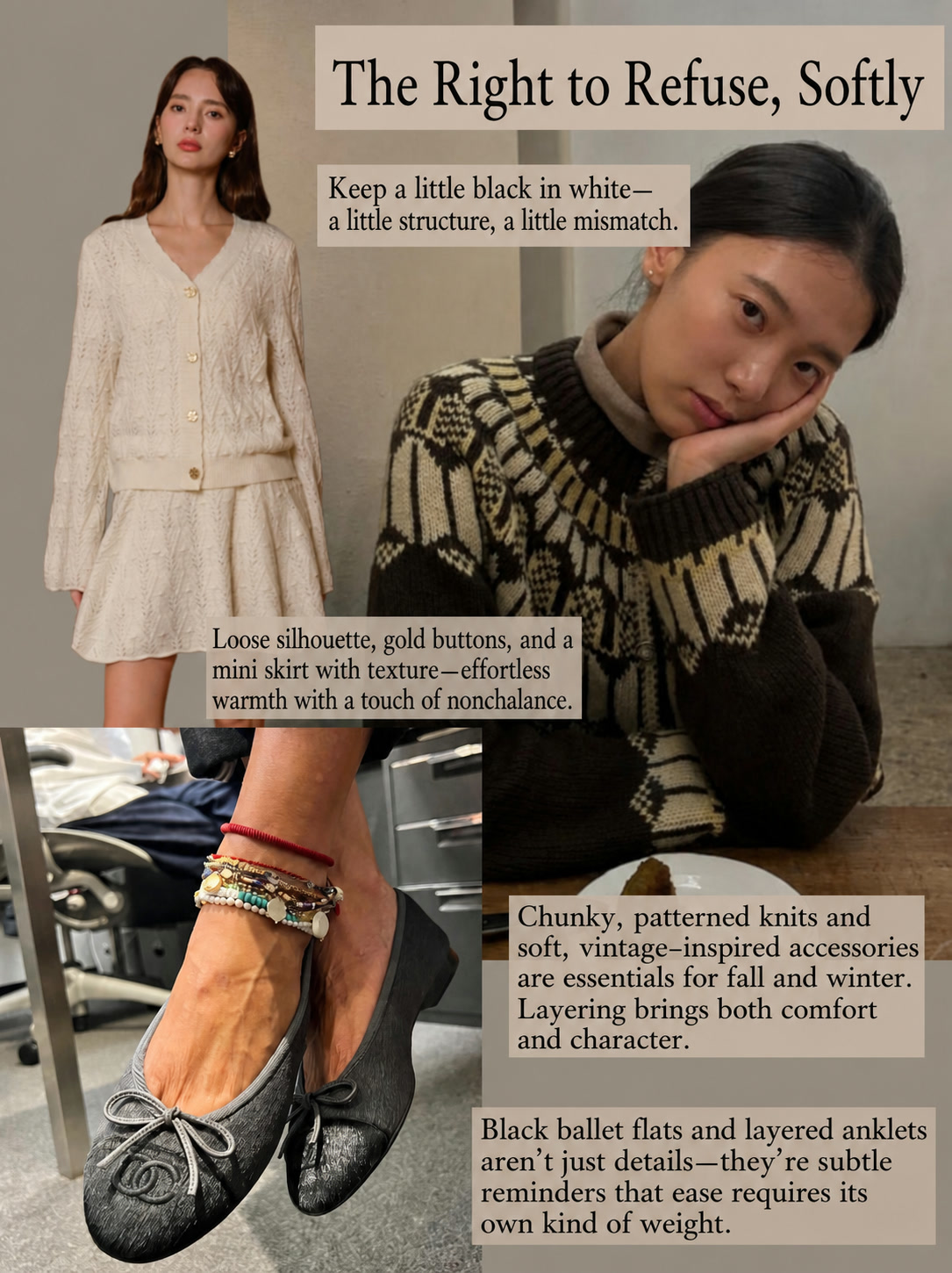 Neutral winter work outfit with restrained accessories and a strong, comfortable silhouette