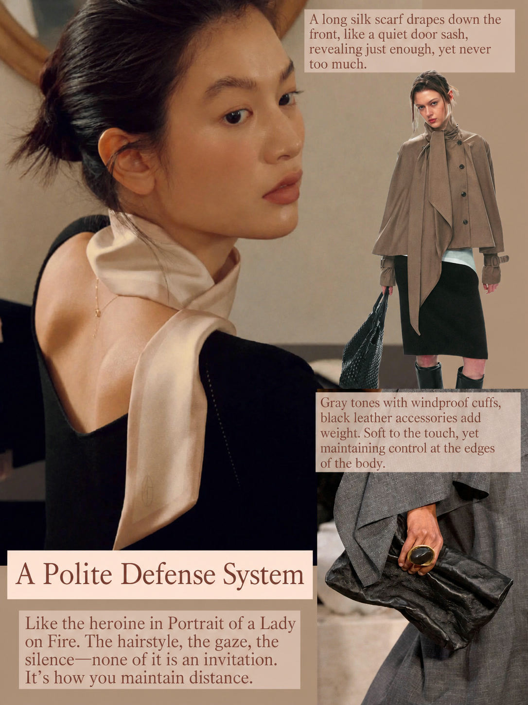 Soft tailored layers and muted colour used for a composed winter office outfit