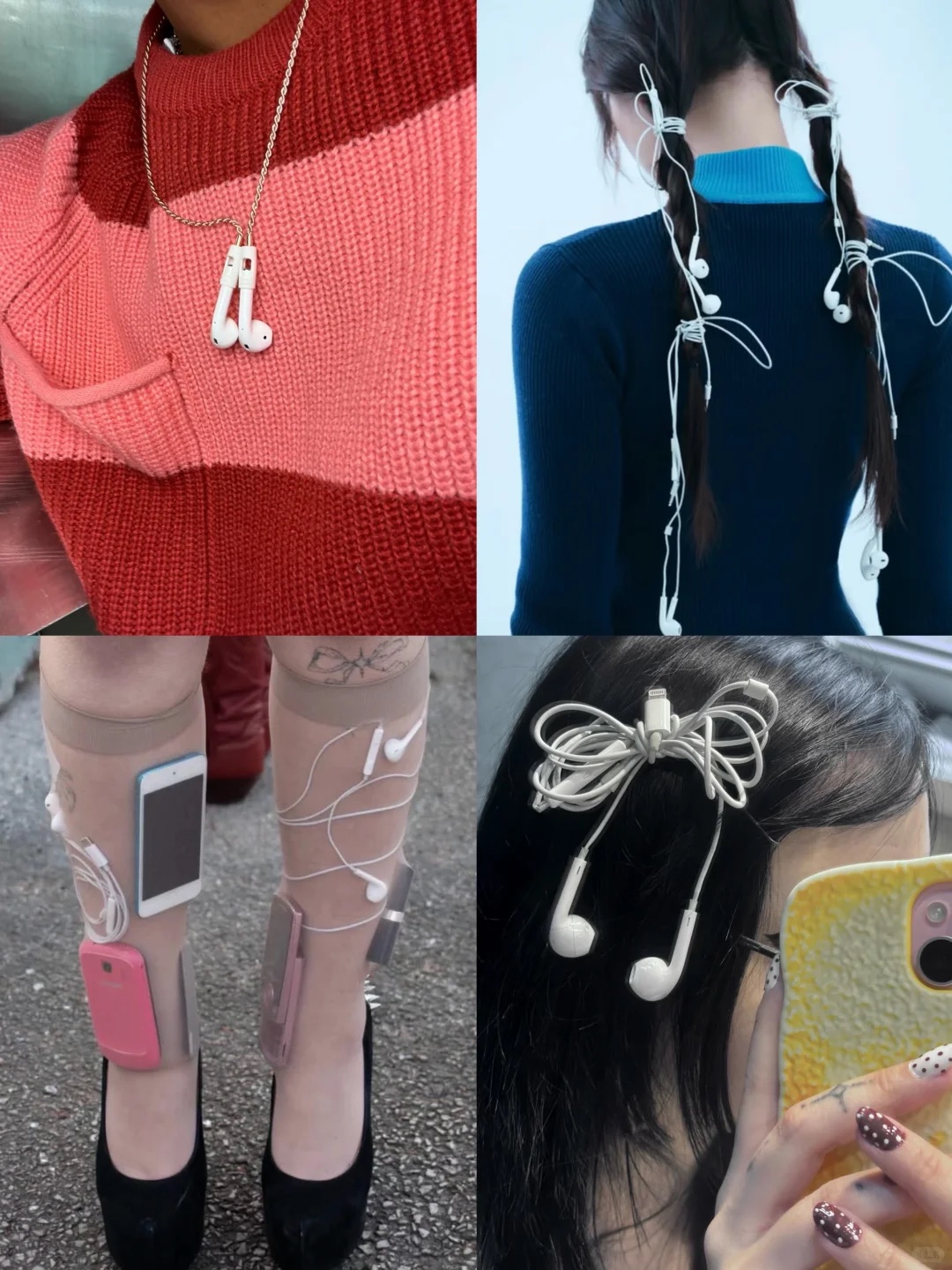 Wired earphones worn around the neck and in the hair