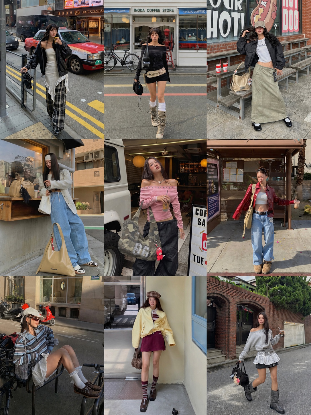 Y2K streetwear outfit with fitted top, loose trousers and bright accessory detail