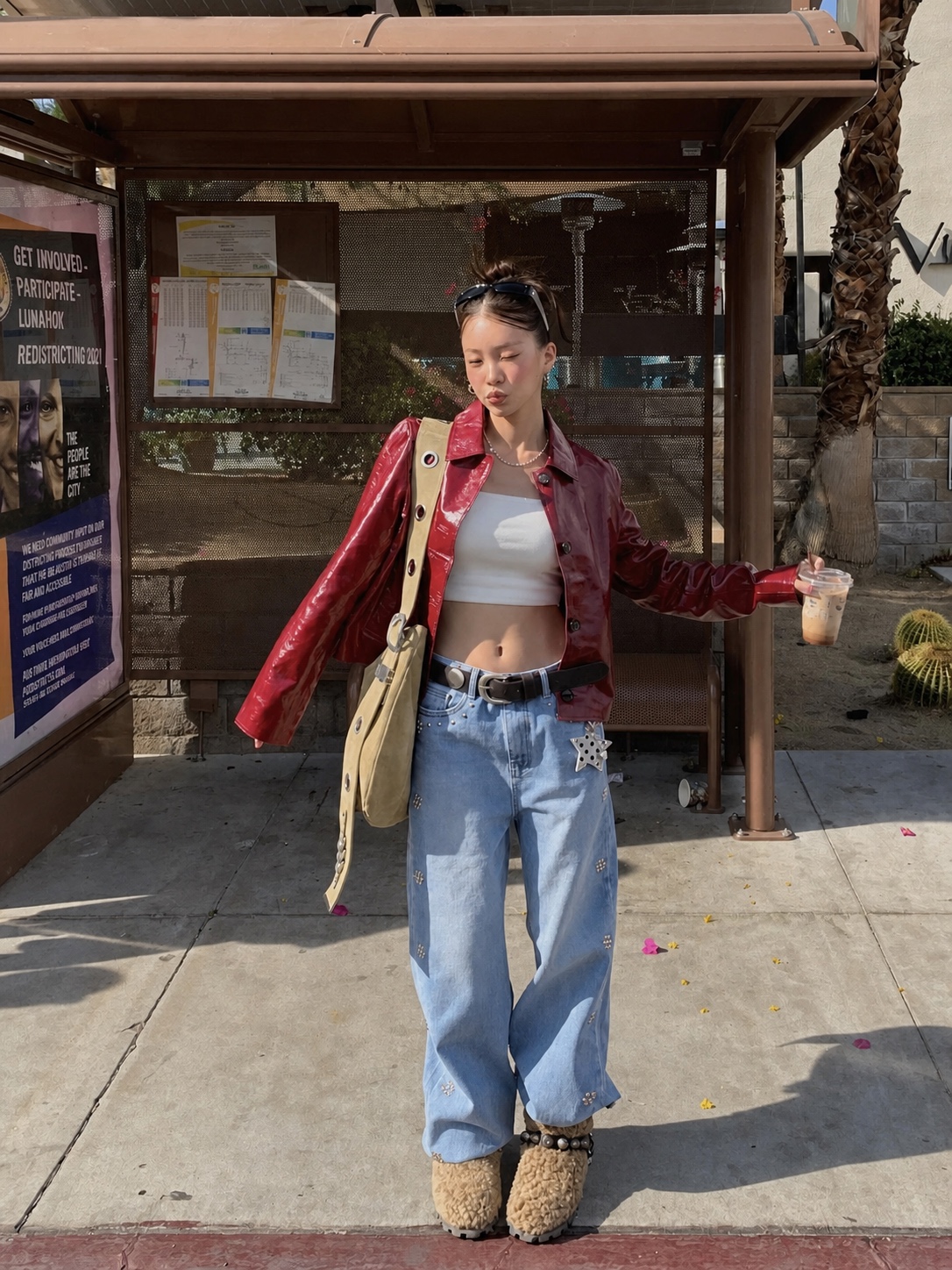 Camo-accented streetwear outfit with neutral base and bright colour note