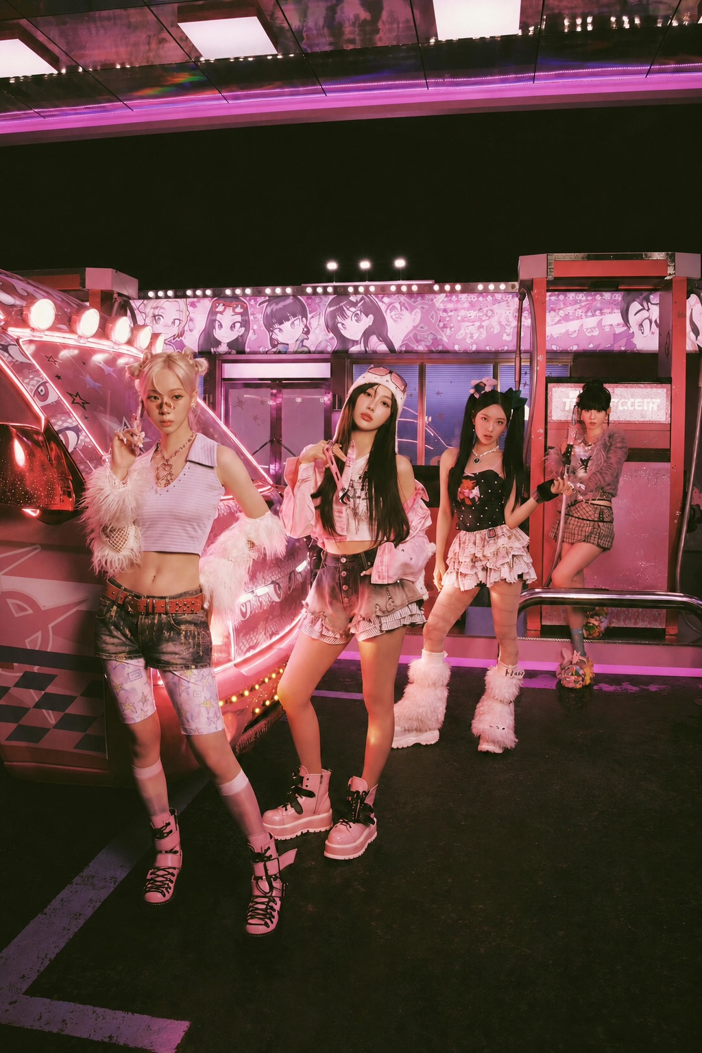 aespa Hot Mess night scene with futuristic pink styling and cyber streetwear details