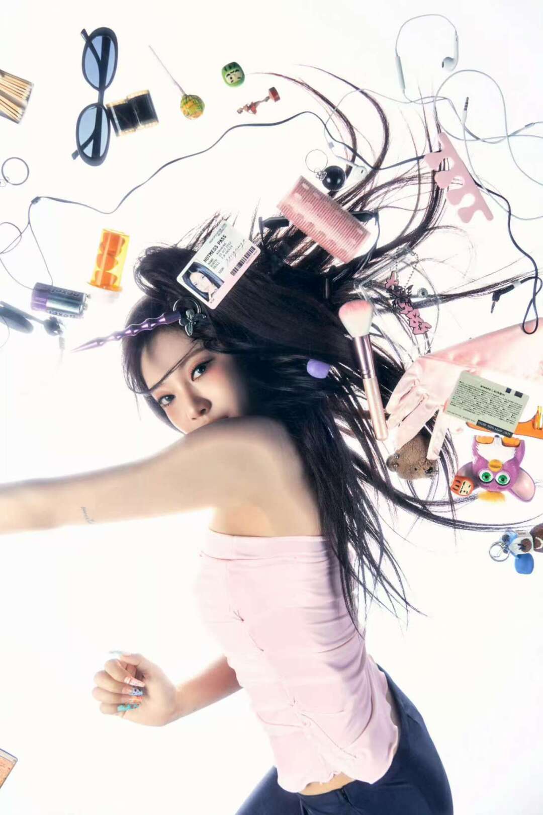 aespa concept image with wired objects, ID cards, hair accessories, and bright Y3K styling
