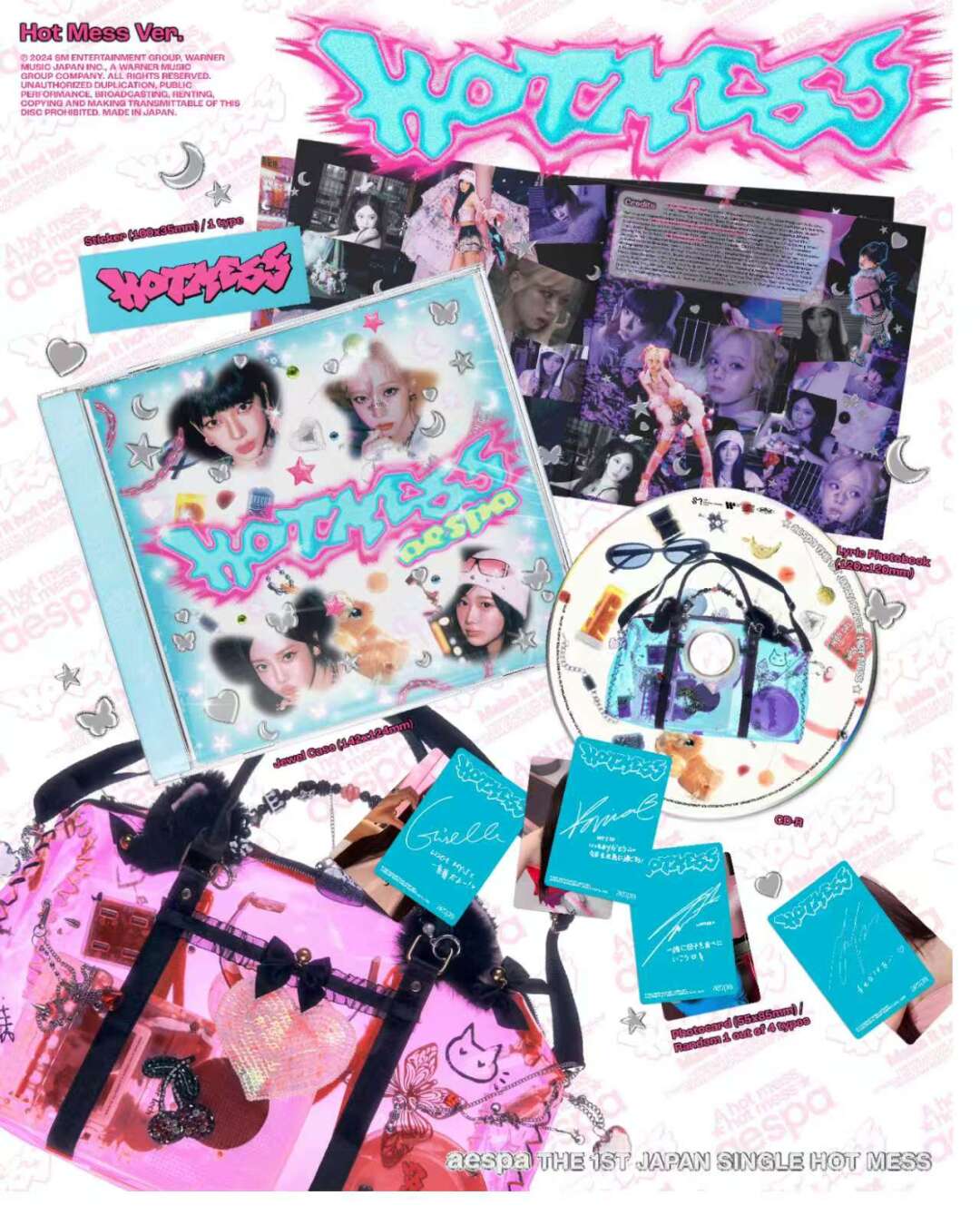 Hot Mess album merchandise layout with CD case, stickers, photo cards, and pink cyber graphics