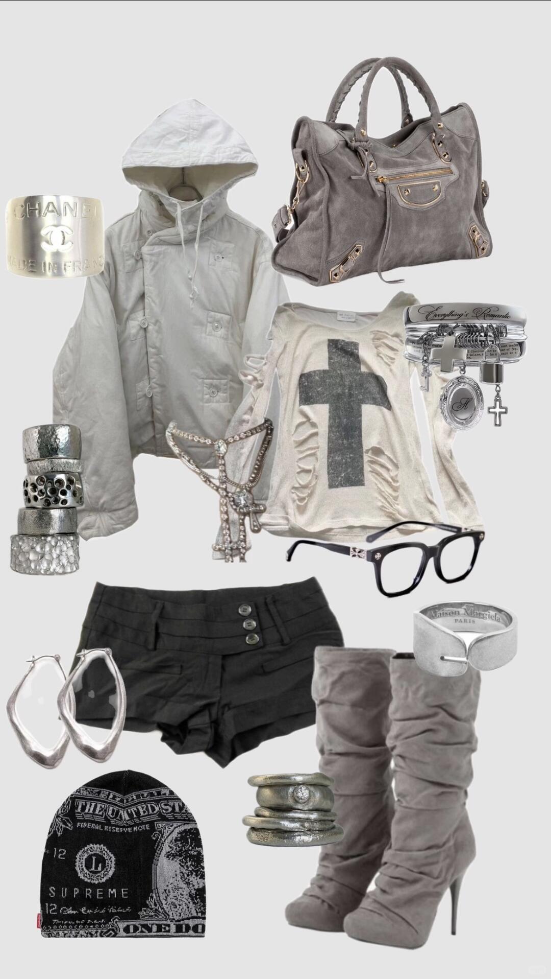 Oversized grey layers in a low-saturation Y3K outfit collage