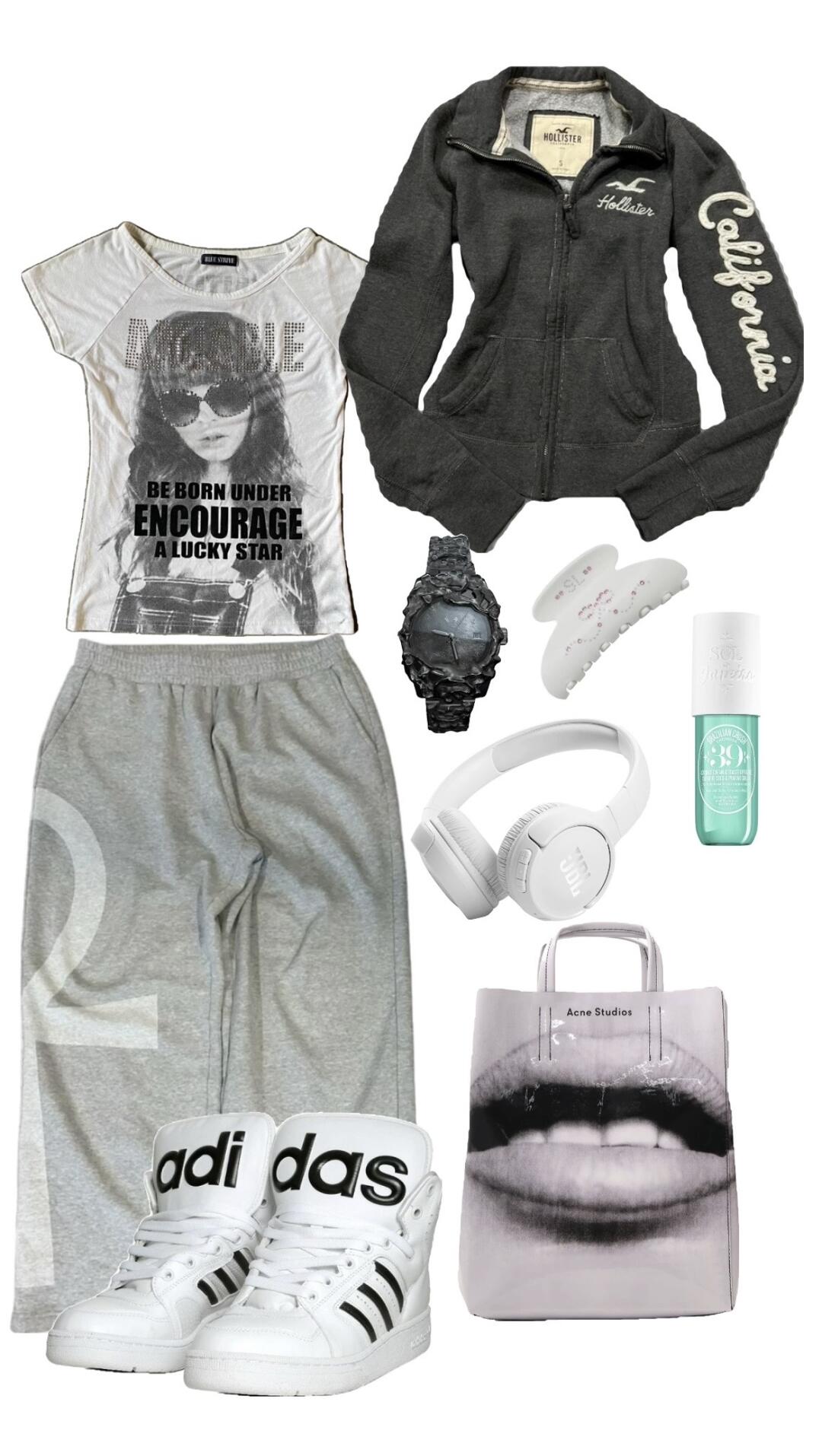 Wide-leg trousers and washed-grey denim in a muted Y3K outfit collage
