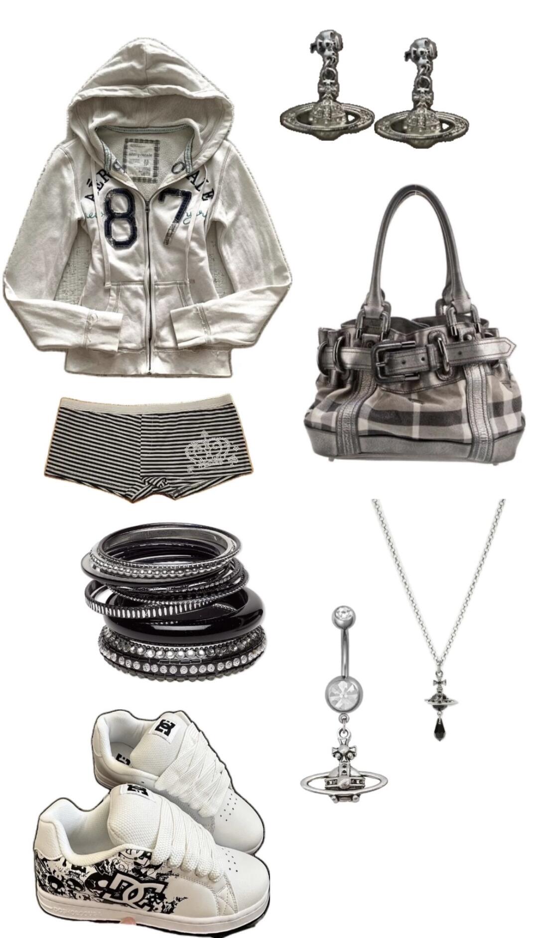 Minimal silver jewellery, dark glasses, and worn bags for a low-saturation Y3K look